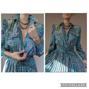 Vintage Leslie Fay Blue and Purple Geometric Dress missing belt Size 18